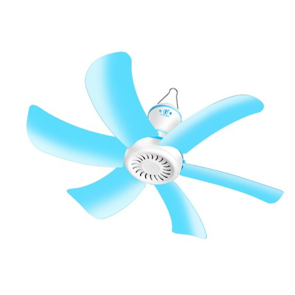 Ein kleiner weißer Deckenventilator mit sechs hellblauen Rotorblättern.