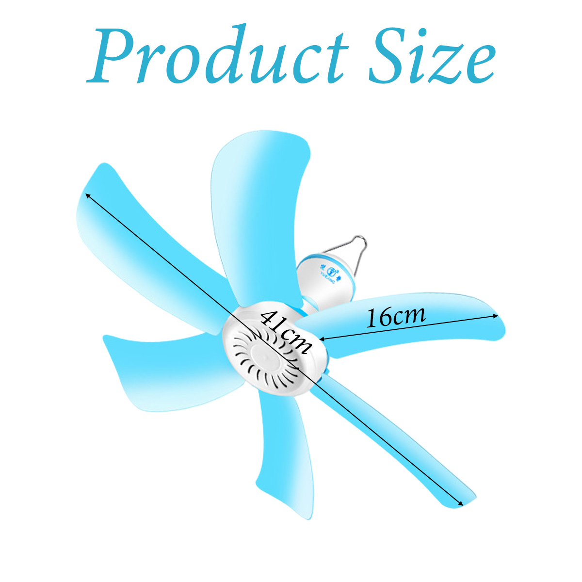Ein blauer Ventilator mit 5 Blättern, 41 cm Durchmesser, 16 cm Länge.