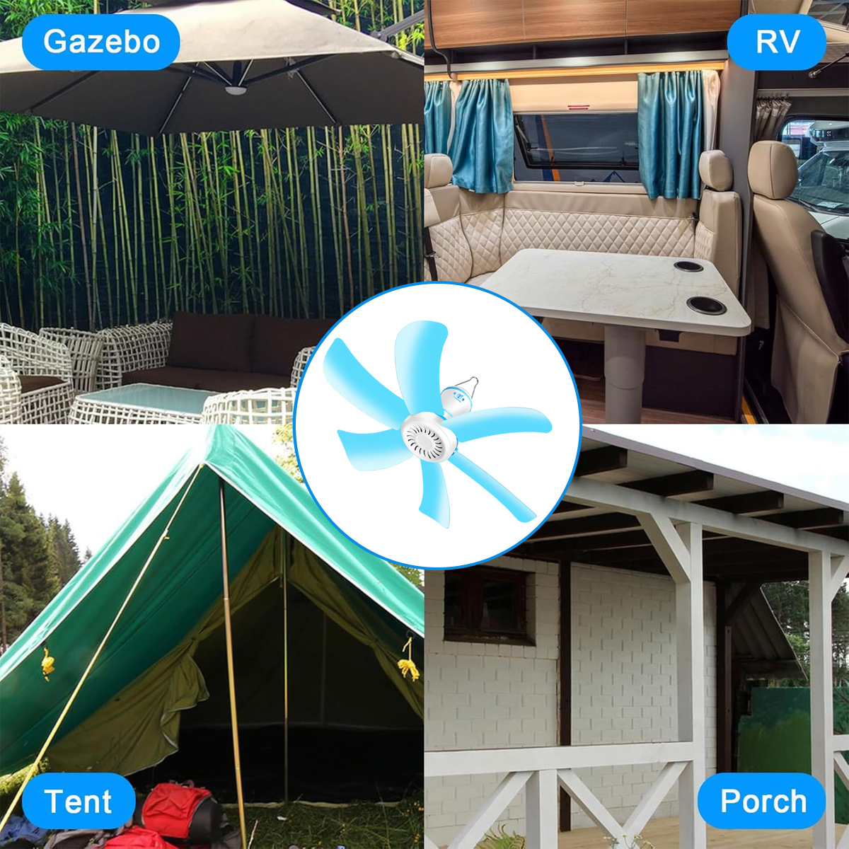 Ein Gazebo, ein Wohnmobil, ein Zelt und eine Veranda sind zu sehen.