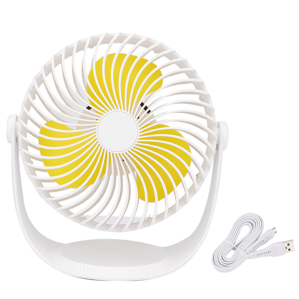 Ein kleiner weißer Ventilator mit gelben Rotorblättern und ein weißes USB-Kabel.
