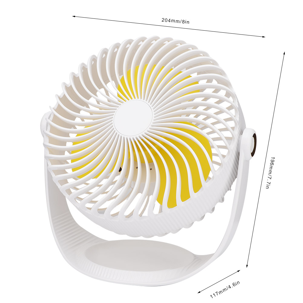 Ein weißer, tragbarer Ventilator mit gelben Rotorblättern und einem Standfuß.