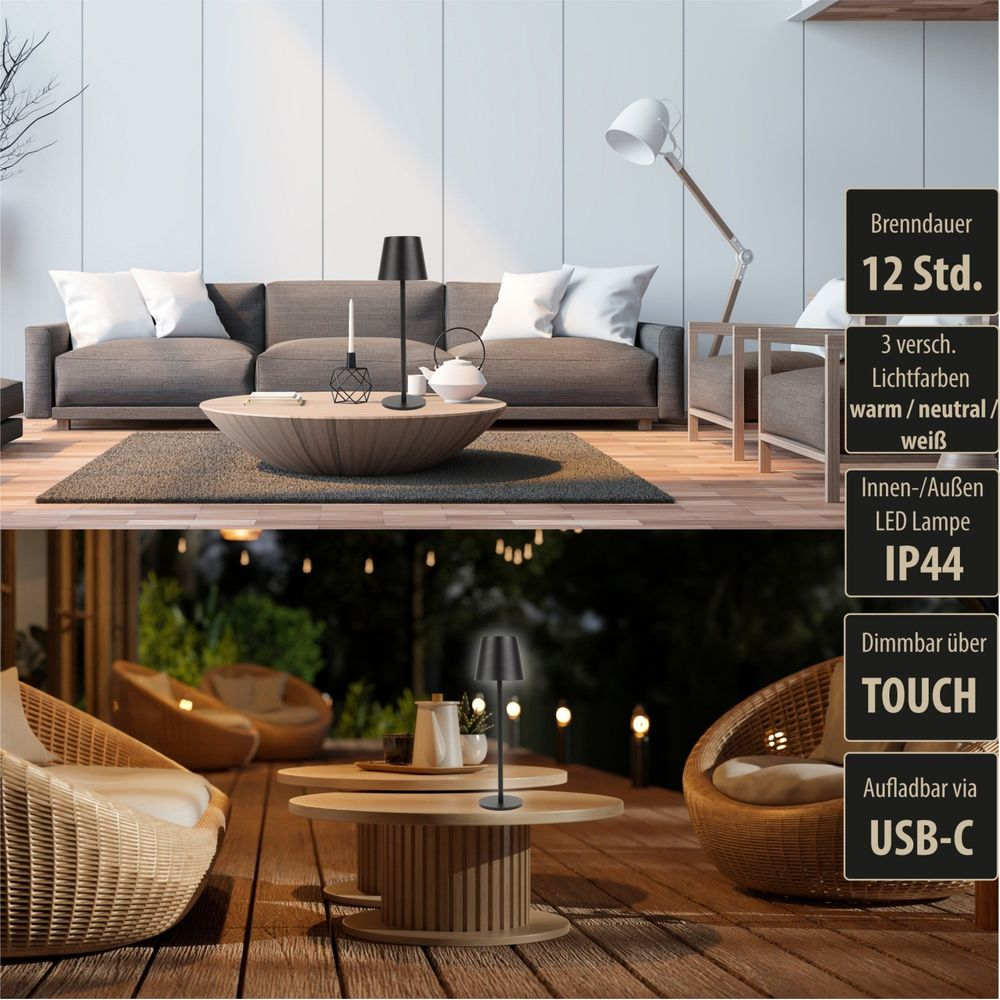 Eine schwarze LED-Lampe steht auf einem Holztisch, drinnen und draußen. 12 Std. Brenndauer.