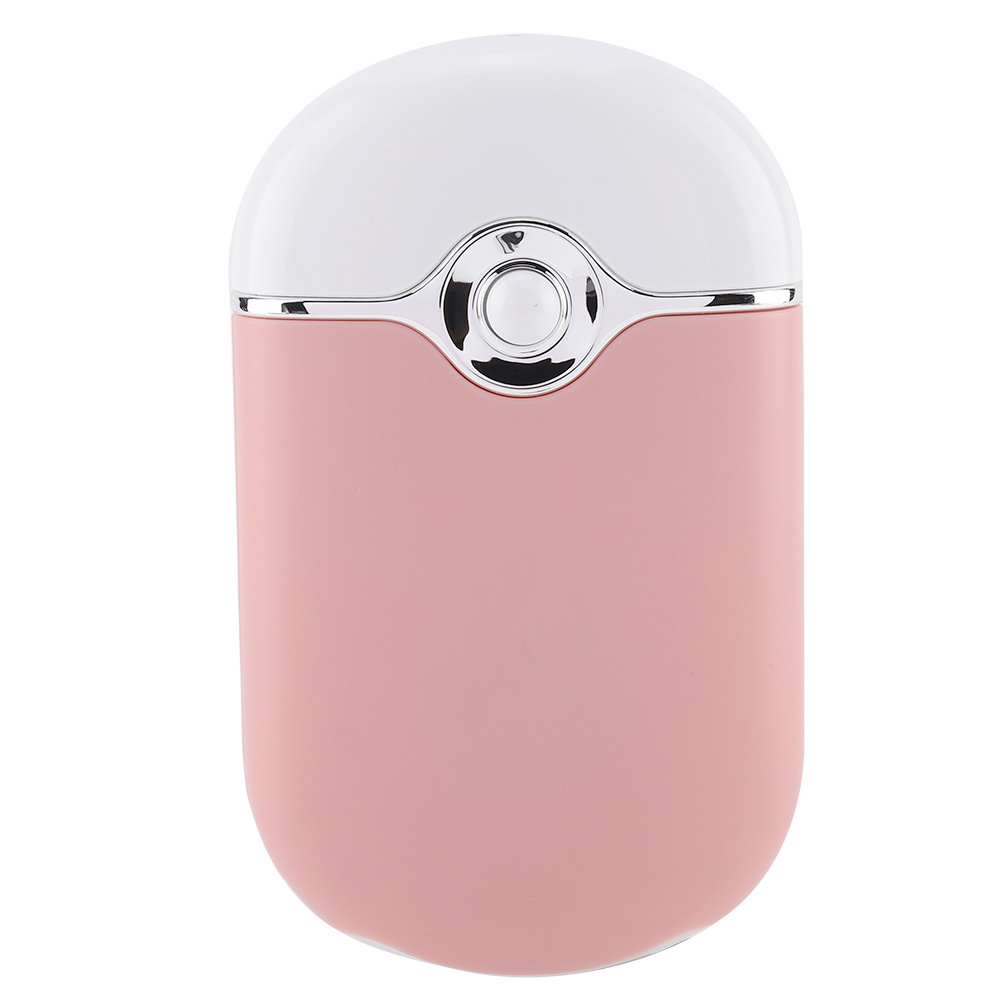 Ein kleiner rosa Ventilator mit weißem Oberteil und silbernen Akzenten.