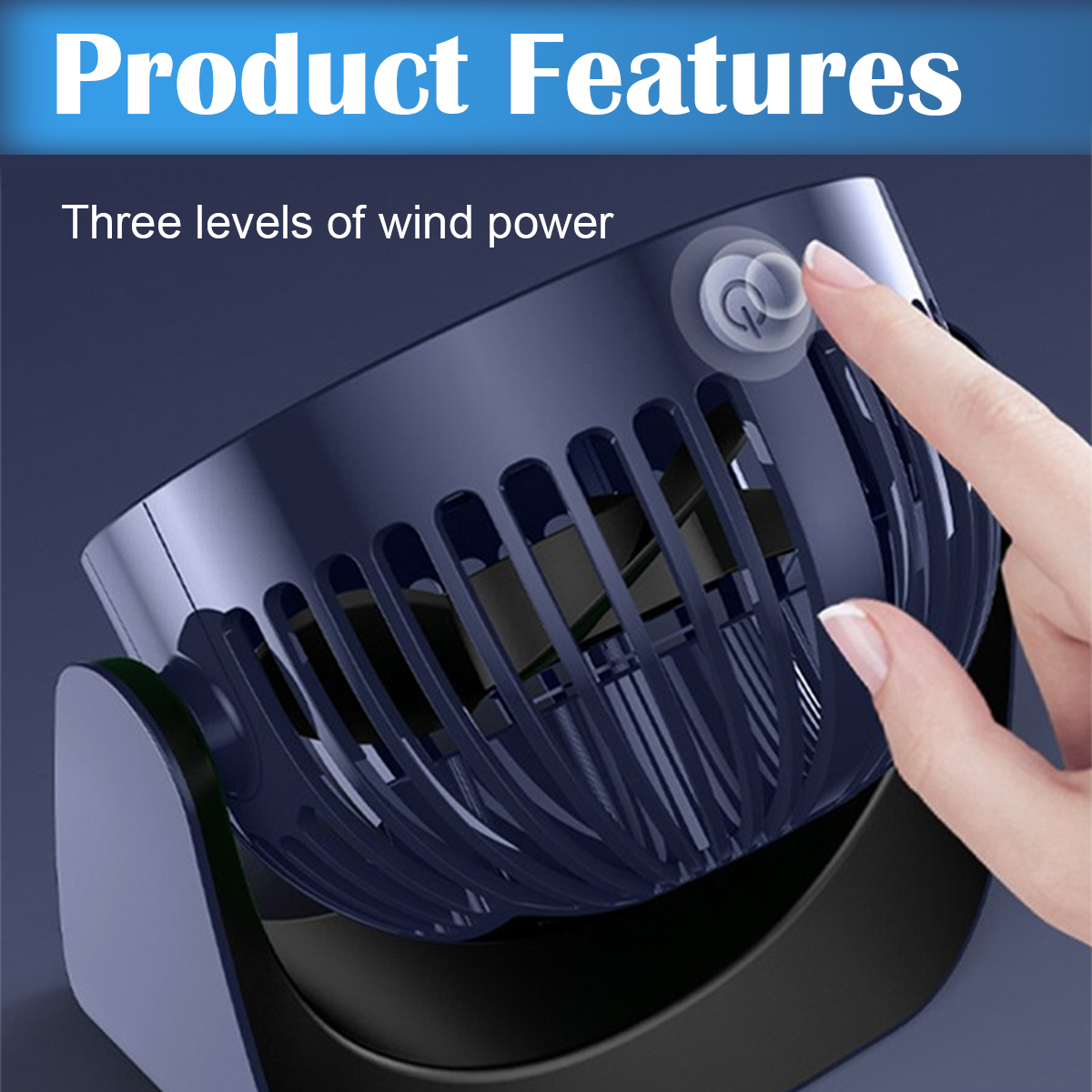 Nahaufnahme eines blauen Ventilators, auf den eine Hand drückt.