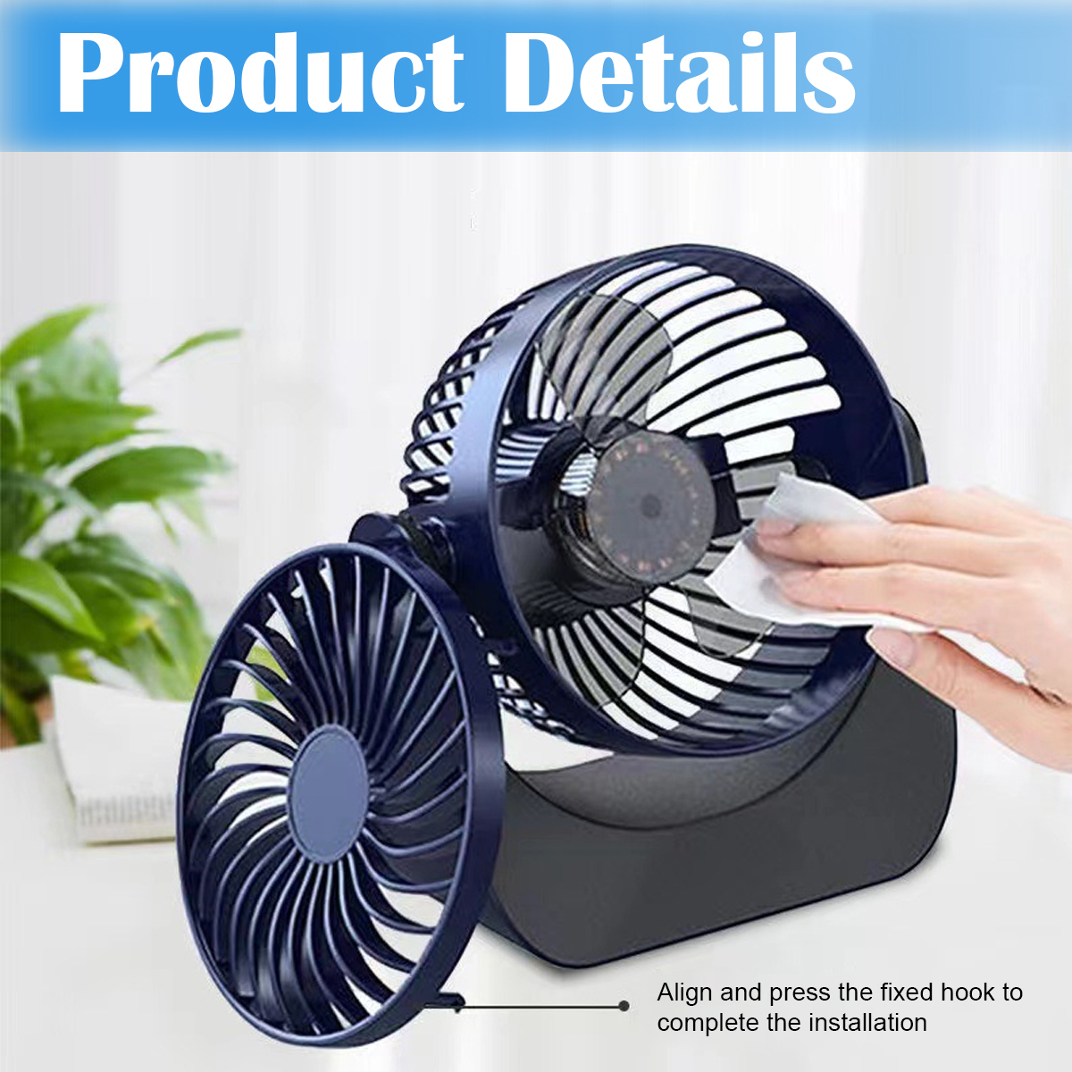 Dunkelblauer Ventilator wird mit weißem Tuch abgewischt. Text: 'Produktdetails'.