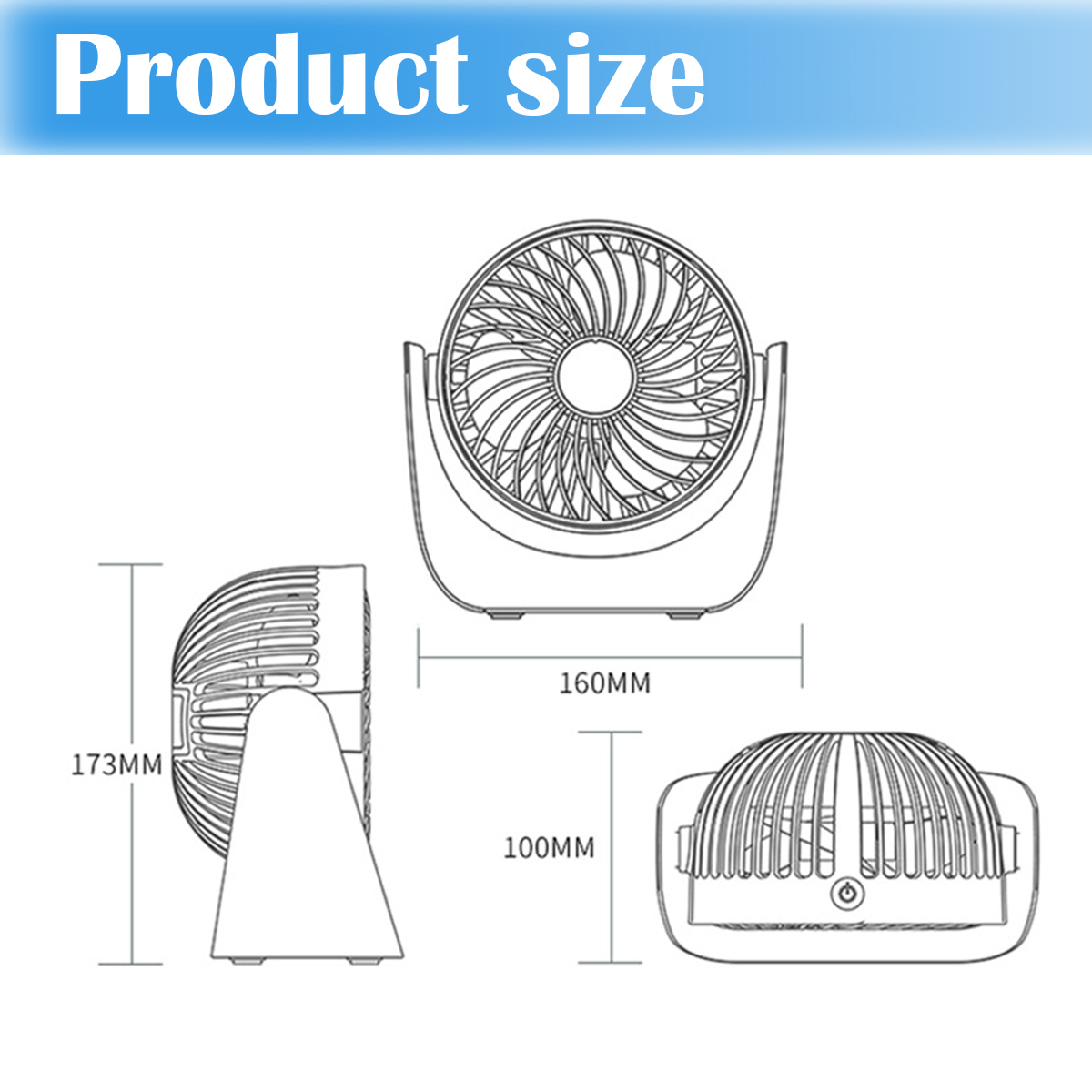 Technische Zeichnung eines Ventilators mit Maßen: 160mm, 173mm, 100mm.