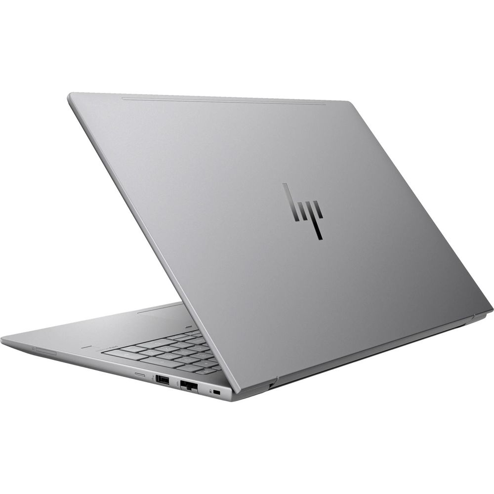 Silberner HP Laptop mit Logo auf dem Deckel, Tastatur und Anschlüsse sichtbar.