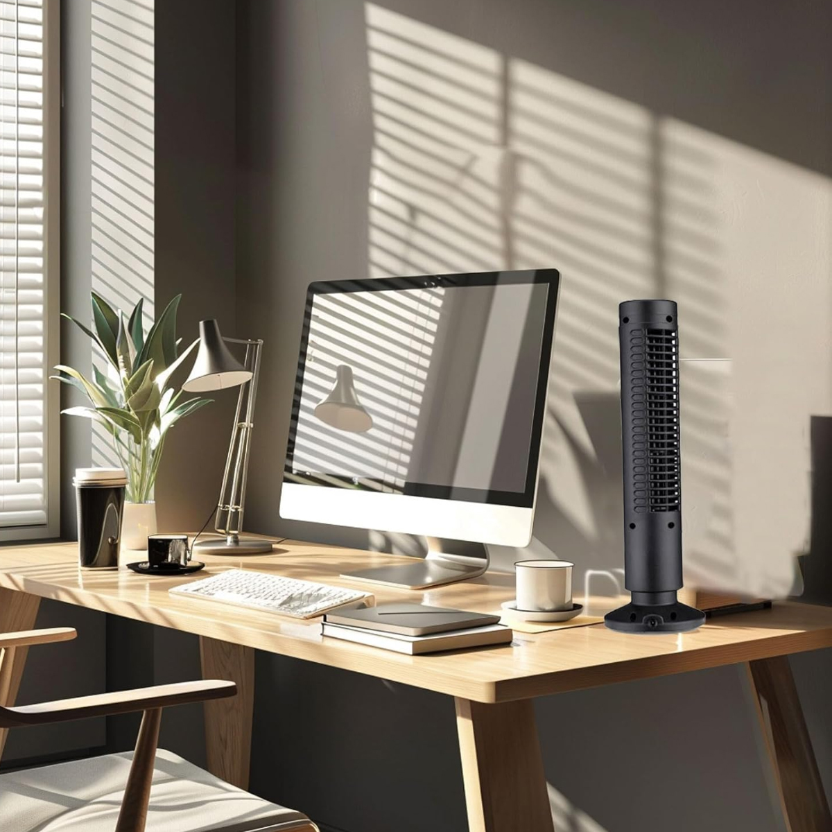 Ein Schreibtisch mit einem Monitor, Tastatur, Lampe, Pflanze und Ventilator.