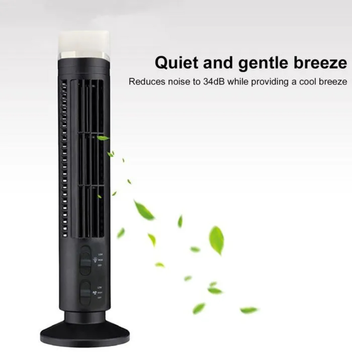 Ein schwarzer Turmventilator mit grünen Blättern, die darum herum wehen, auf weißem Hintergrund.