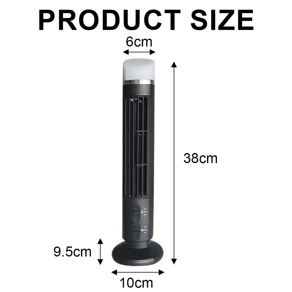Ein schwarzer Turmventilator mit Maßen: 6x10x38x9.5cm.