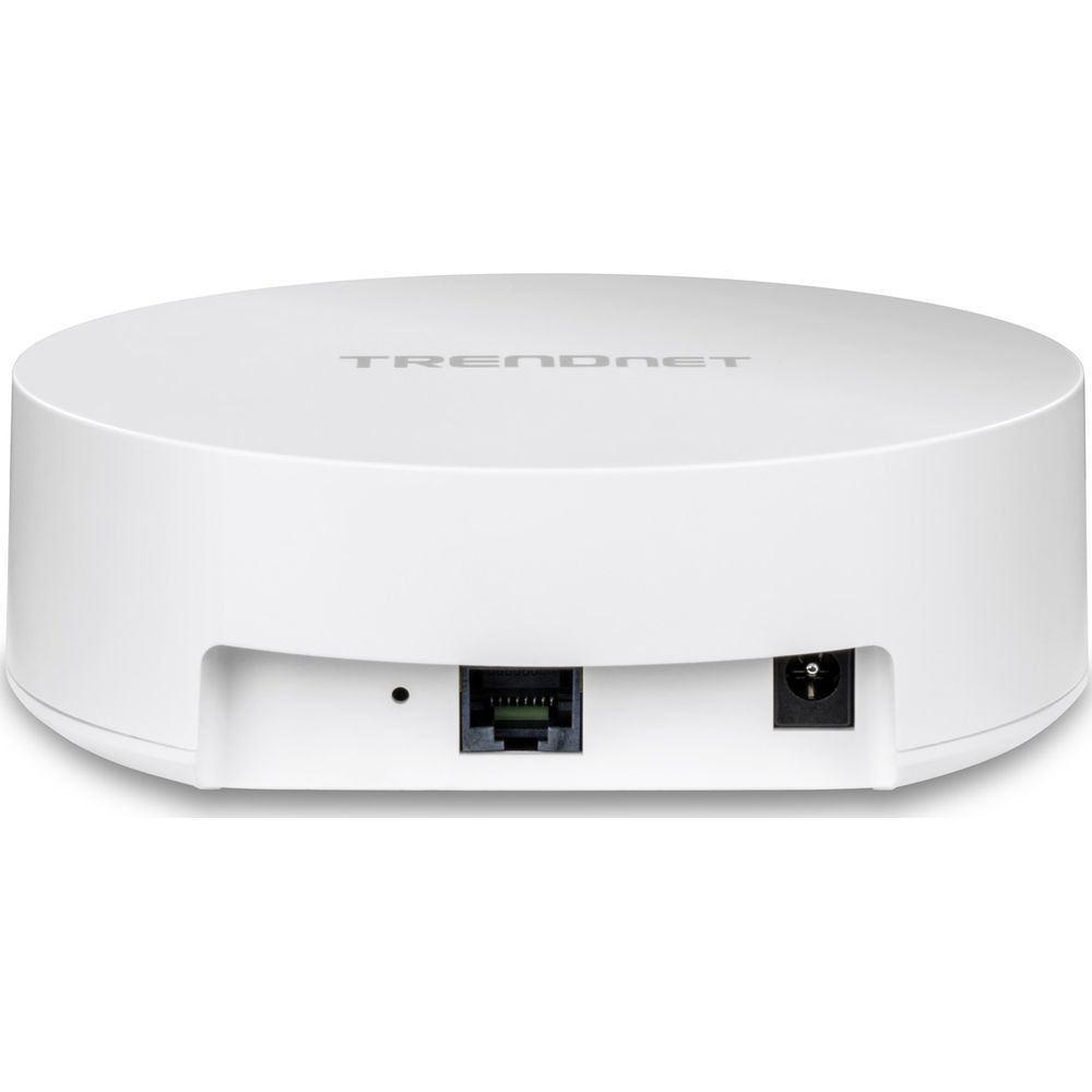 Boîtier rond blanc Trendnet avec port Ethernet et connecteur d'alimentation.