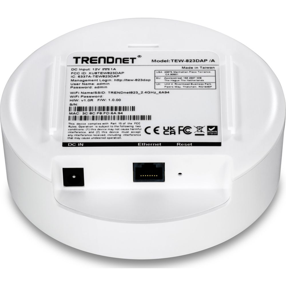 Un point d'accès WiFi Trendnet blanc avec ports et étiquettes.