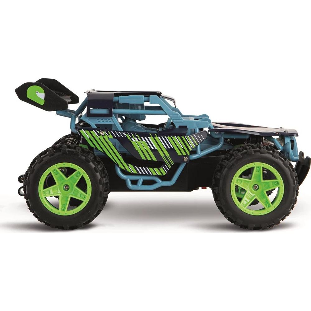 Un coche RC azul con detalles verdes y ruedas grandes.