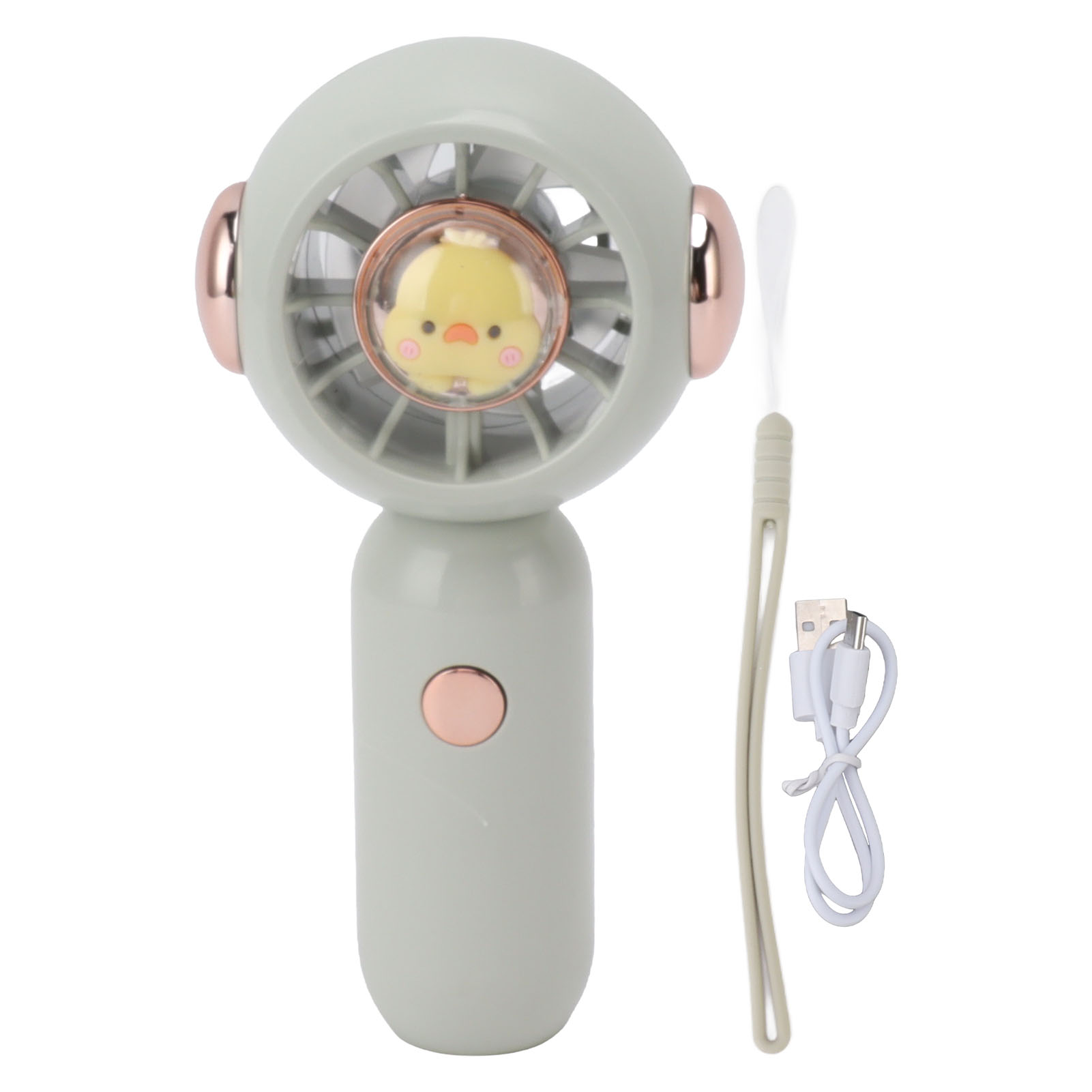 Ein hellgrauer Ventilator mit einem gelben Küken-Design im Lüftergitter und einem USB-Ladekabel.