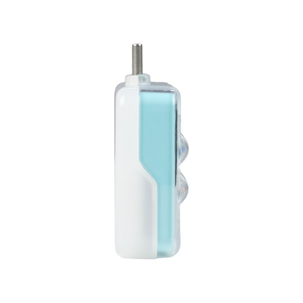 Un appareil blanc et bleu avec une broche métallique sur le dessus.