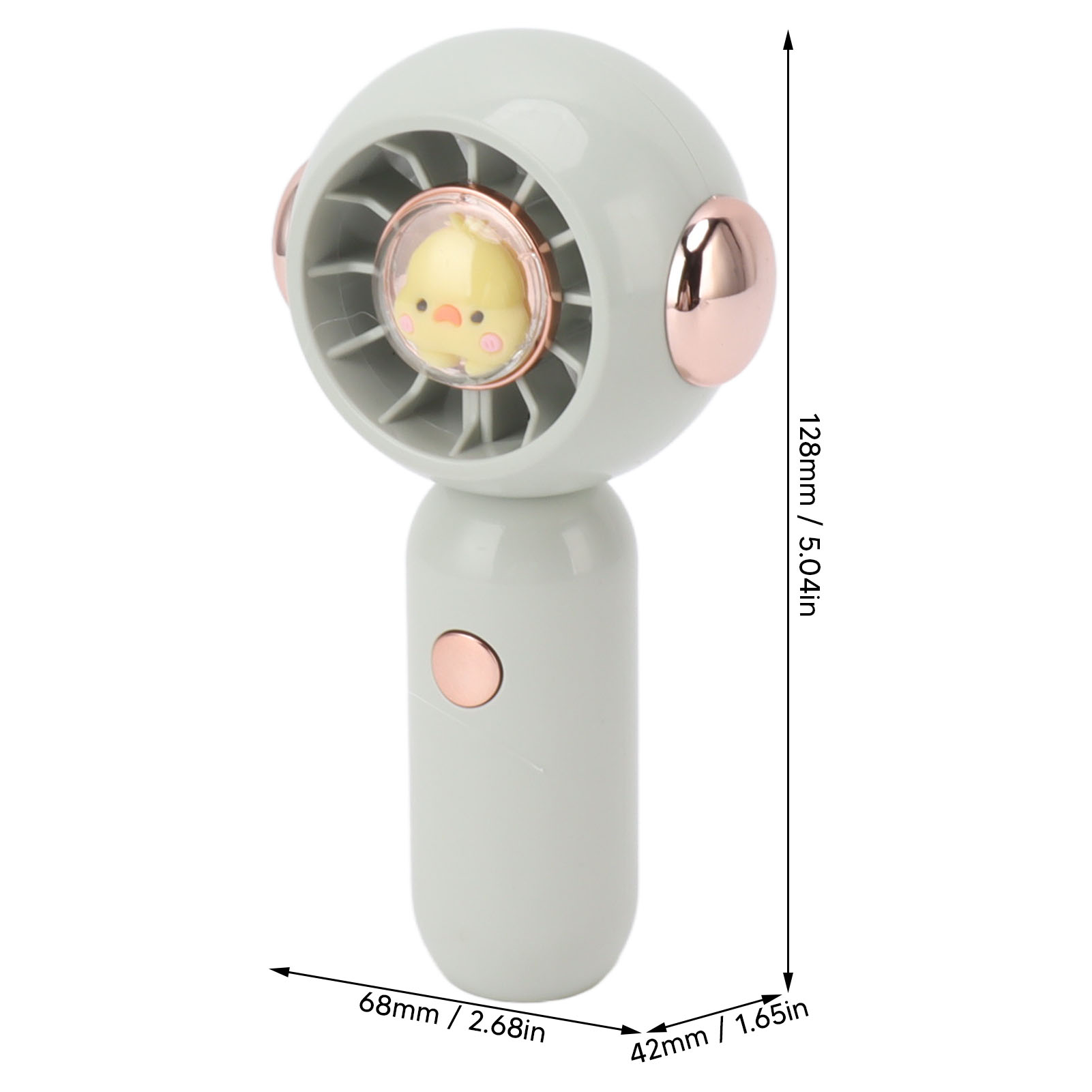 Ein kleiner grauer Ventilator mit einem gelben Küken-Design in der Mitte und Roségold-Akzenten.