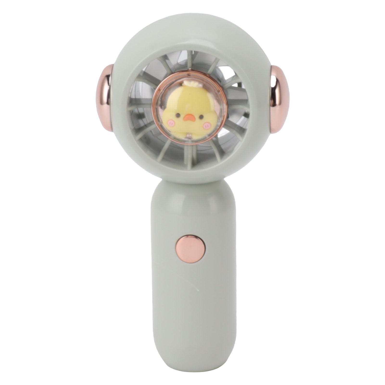 Ein kleiner, hellgrüner Ventilator mit einem Küken-Design und roségoldenen Akzenten.