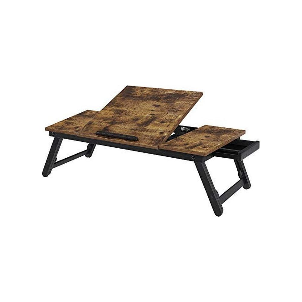 Tavolo regolabile per laptop in legno con gambe in metallo nero su sfondo bianco.