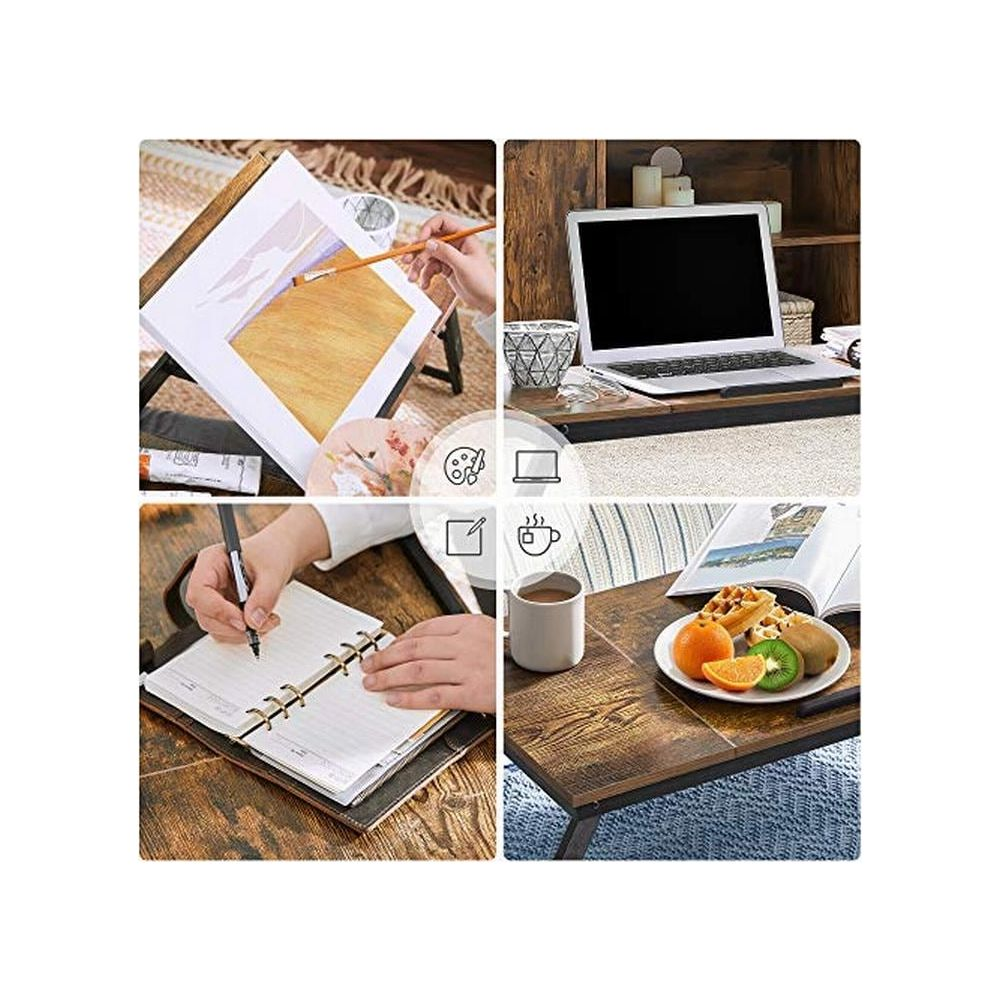 Quattro scene: pittura, laptop, scrittura, pasto.