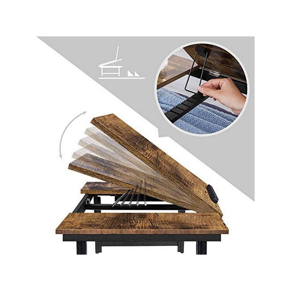 Supporto per laptop in legno regolabile con telaio in metallo, mostrato inclinato.