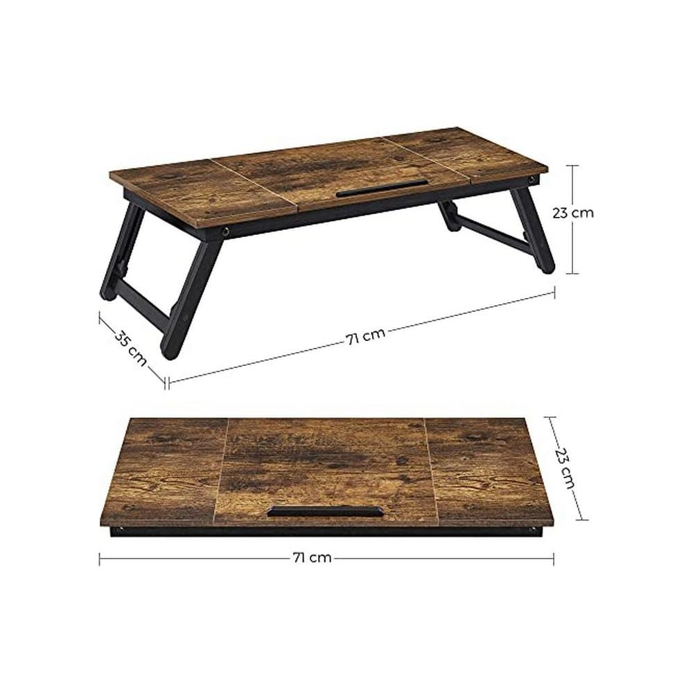 Un tavolino da letto in legno con gambe pieghevoli, misura 71x35x23 cm.