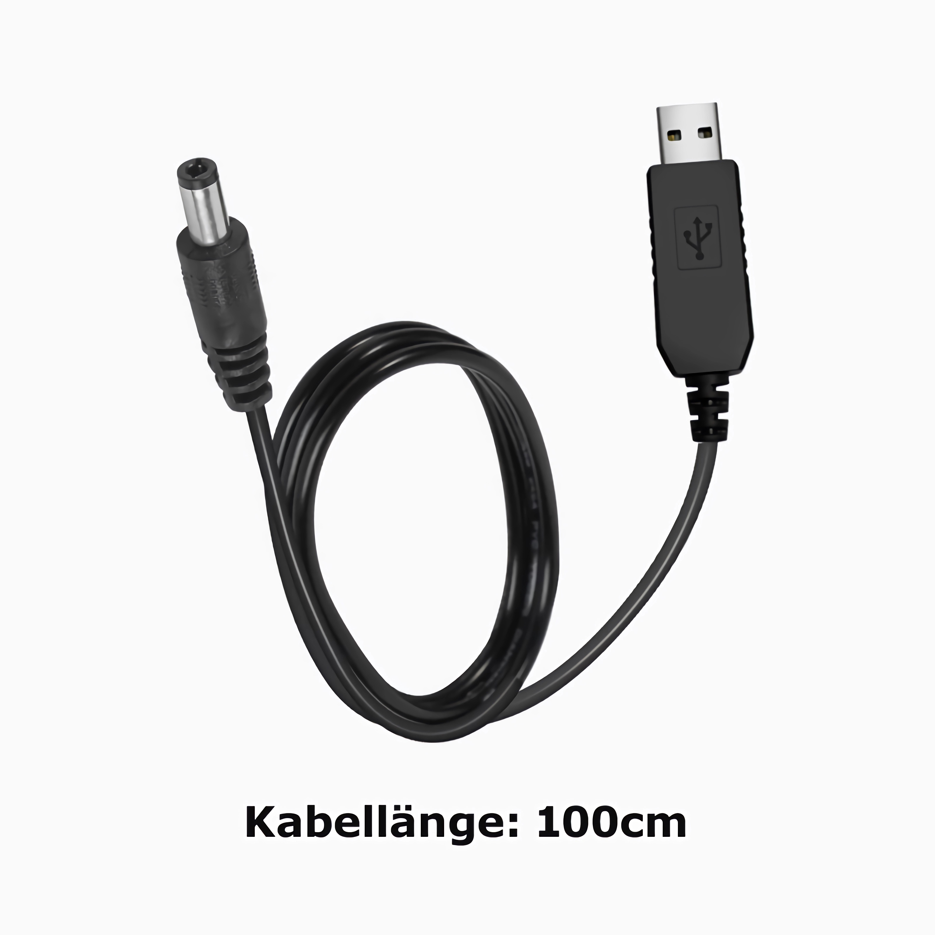 Schwarzes USB-zu-DC-Stromkabel, 100 cm lang, mit Stecker und Buchse.