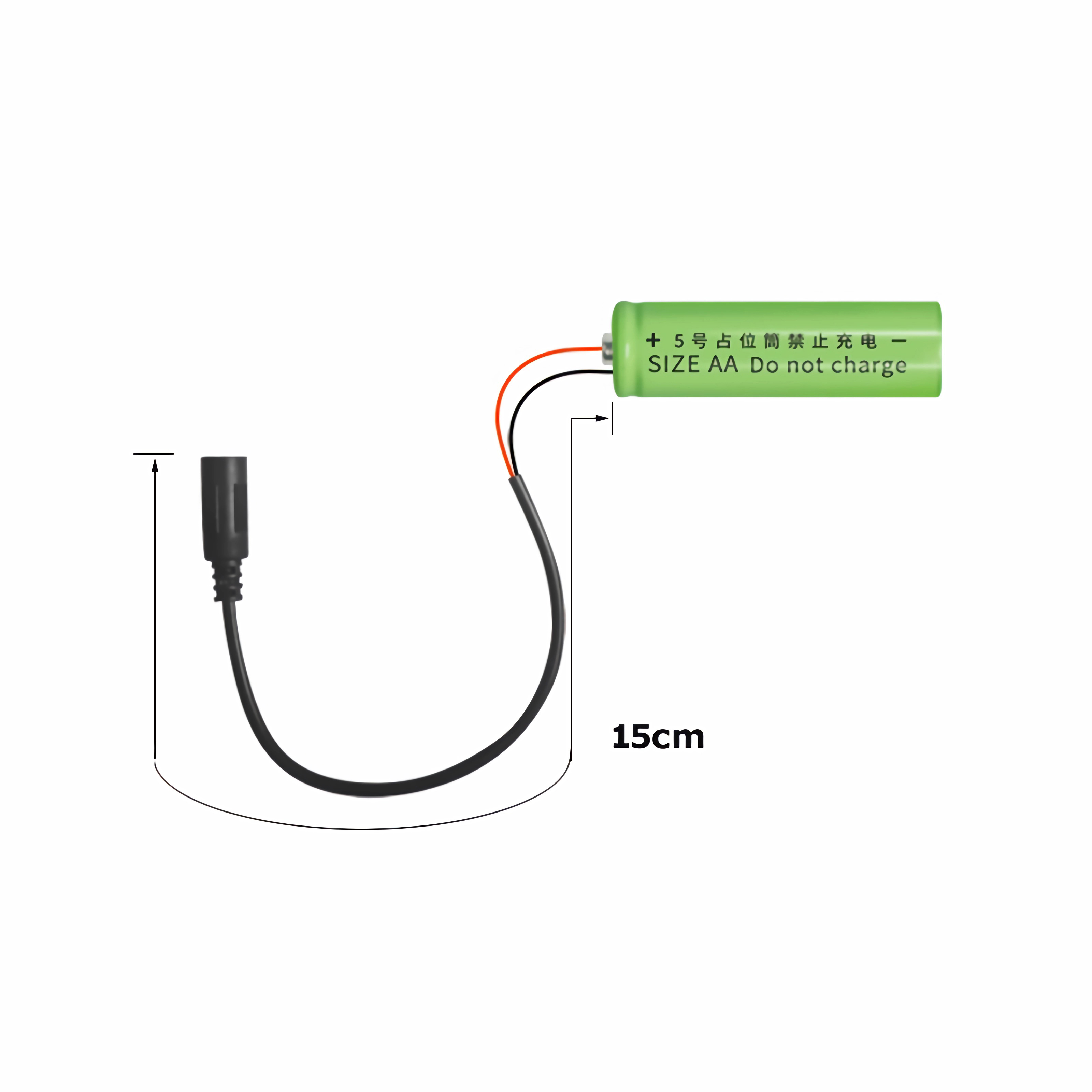 Grüne AA-Batterie mit Kabel und Stecker, 15cm lang. Nicht laden.