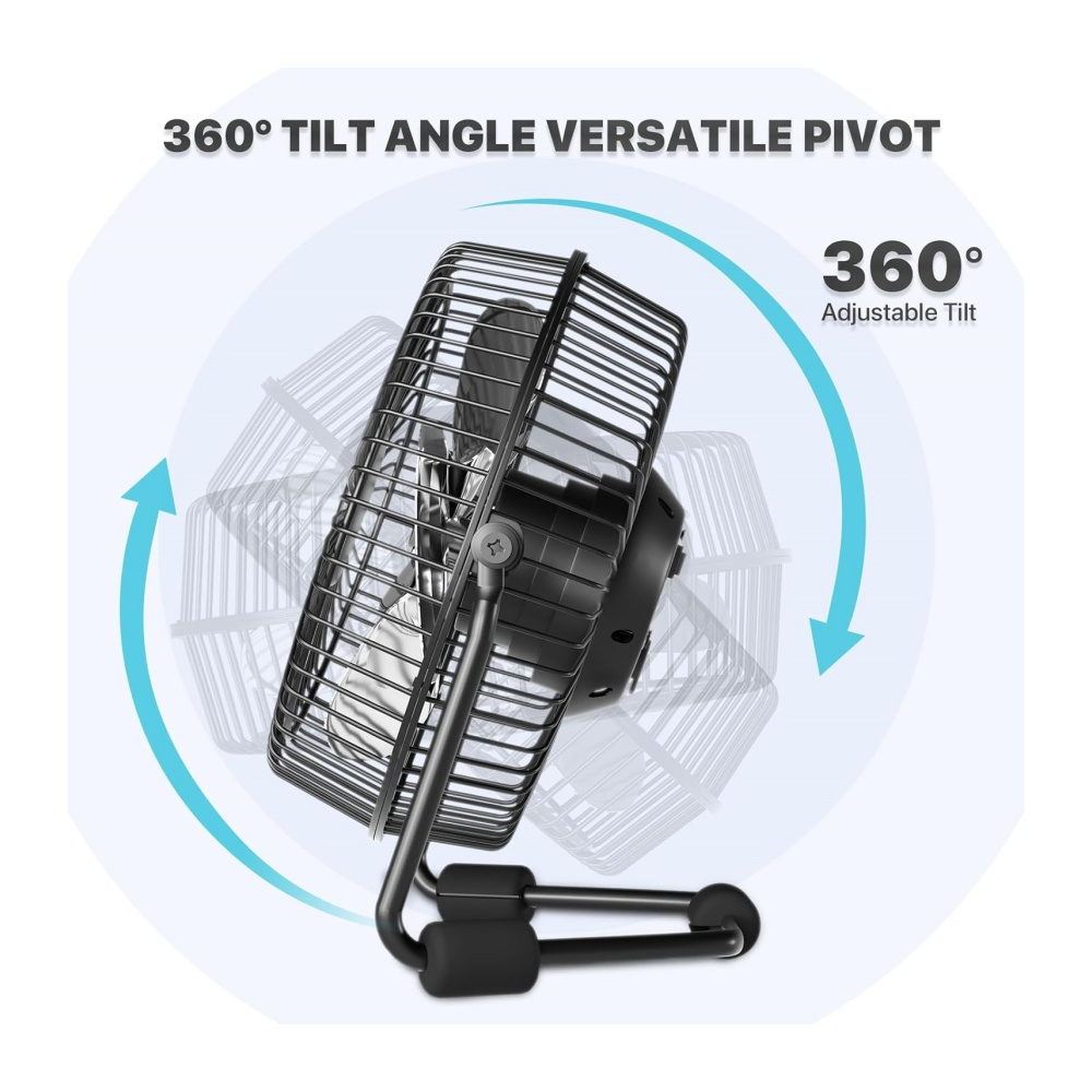 Ein schwarzer Tischventilator mit verstellbarem Neigungswinkel.
