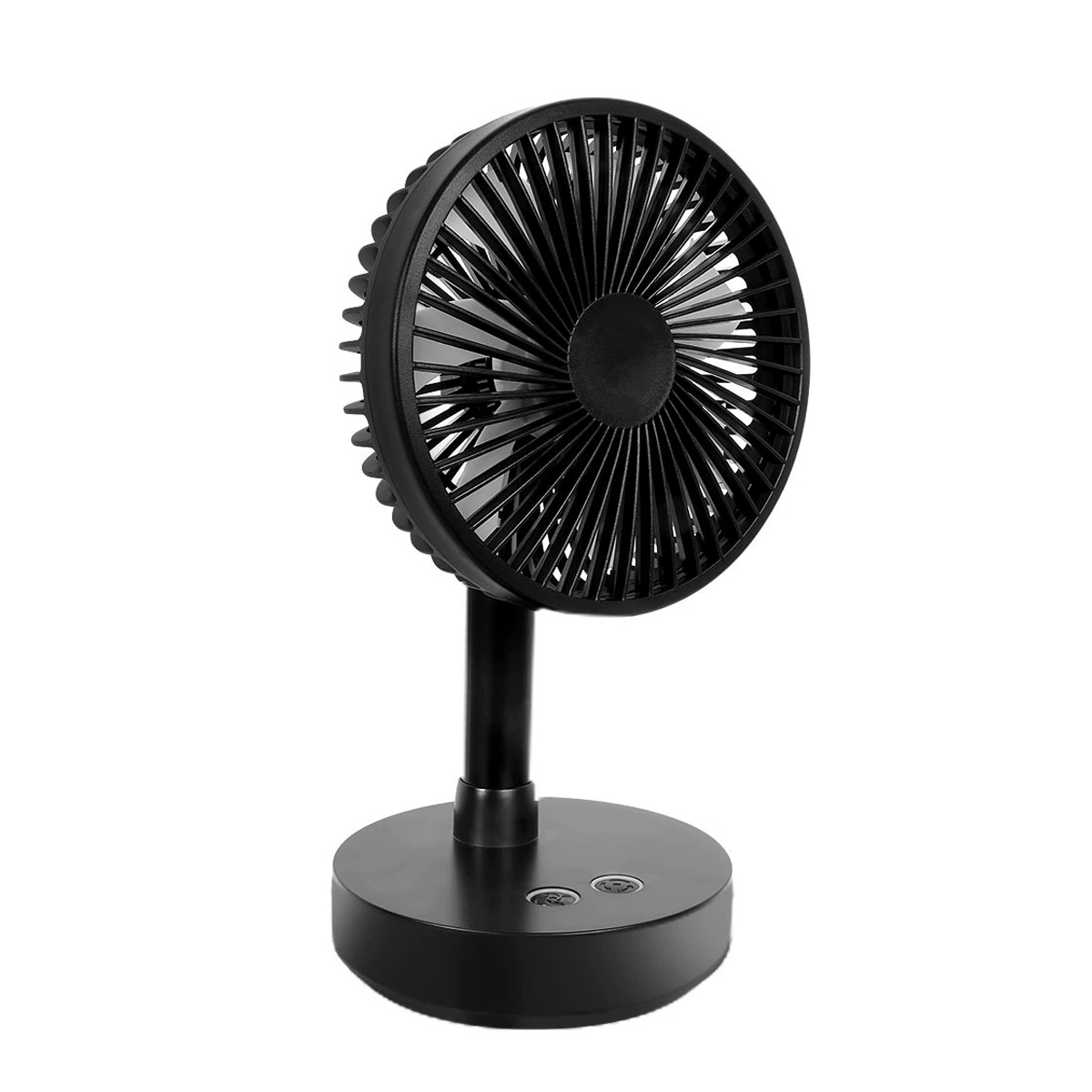Ein schwarzer Tischventilator mit Rundum-Gitter und drei Bedienelementen auf dem Sockel.