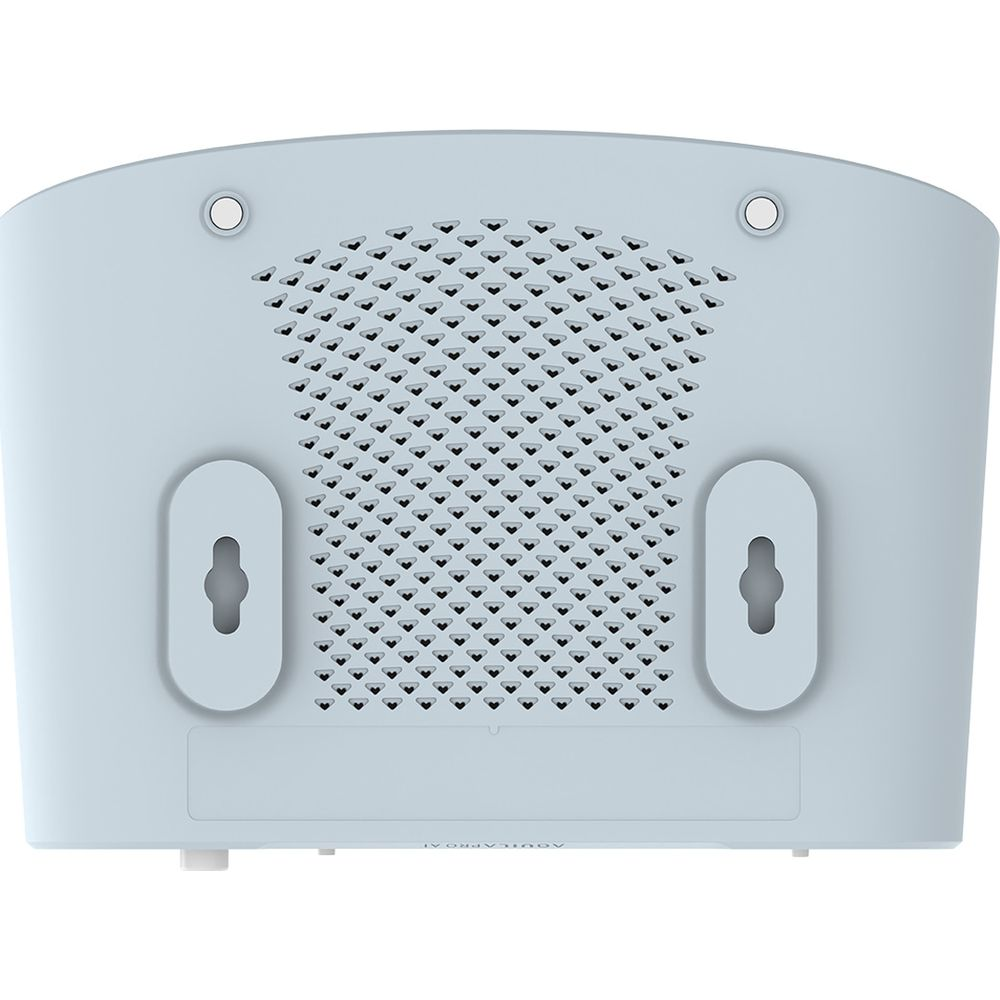 Appareil bleu clair avec grille de ventilation et supports muraux.