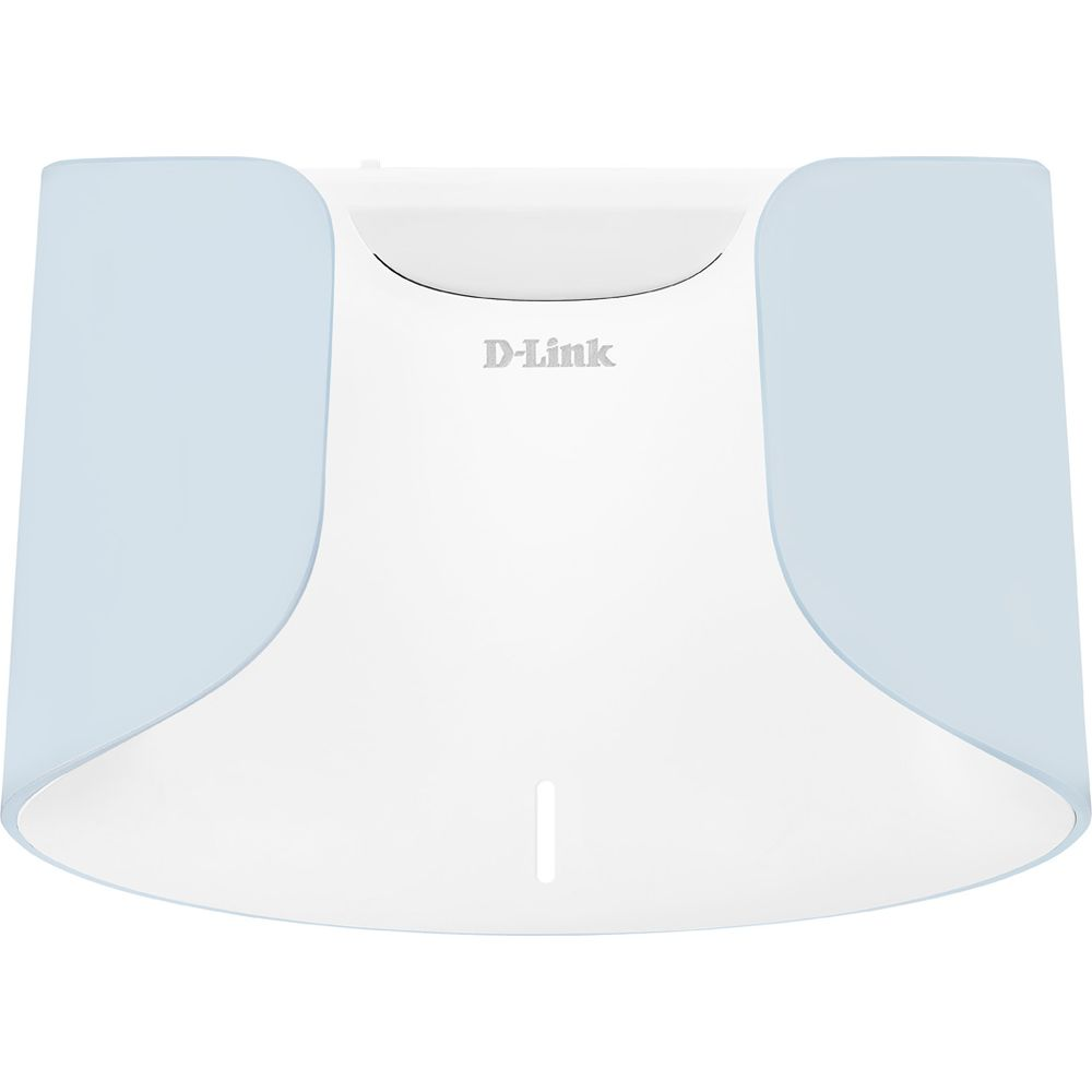 Un appareil D-Link blanc avec des côtés bleu clair. Design minimaliste.