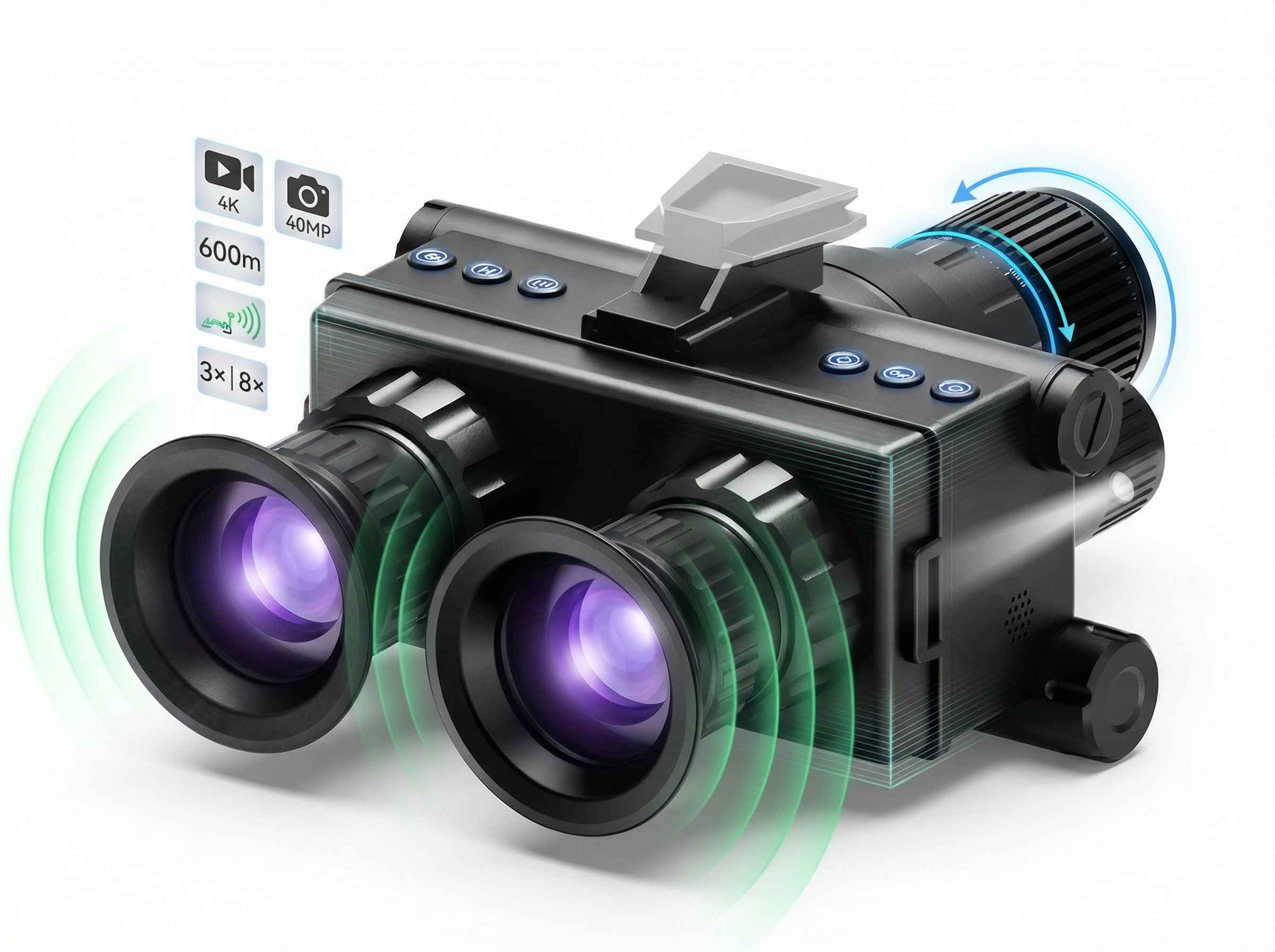Nachtsichtfernglas mit 4K, 40MP, 600m Reichweite und 3x-8x Zoom.