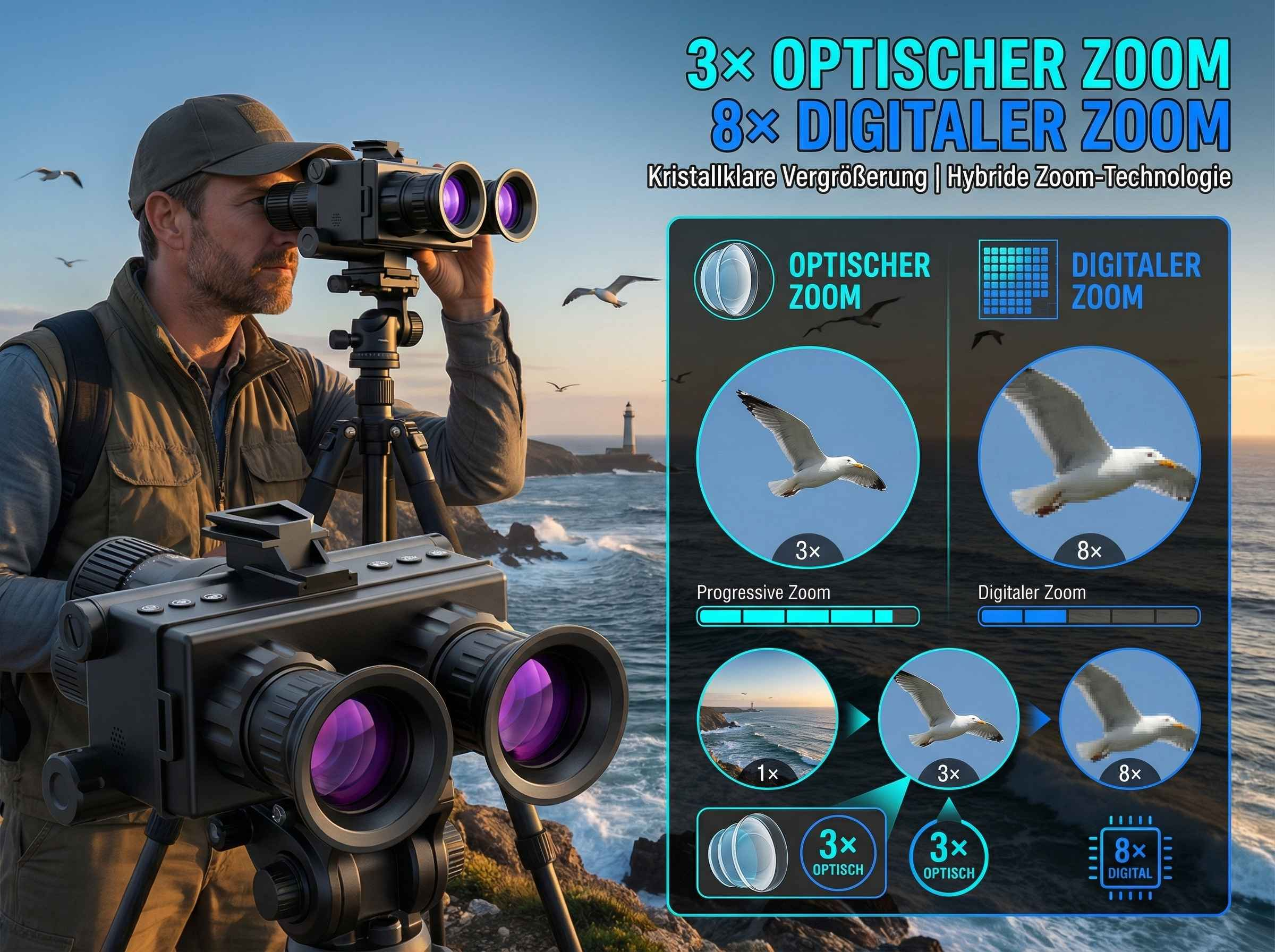 Mann mit Fernglas am Stativ, der Vögel am Meer beobachtet. Zoom-Vergleich.