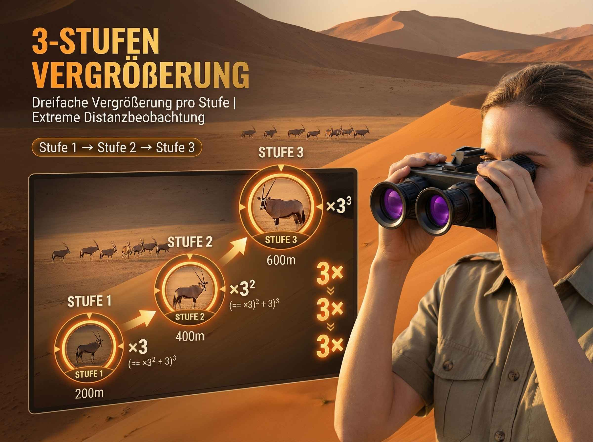 Eine Frau blickt durch ein Fernglas in einer Wüstenlandschaft, mit grafischen Elementen.