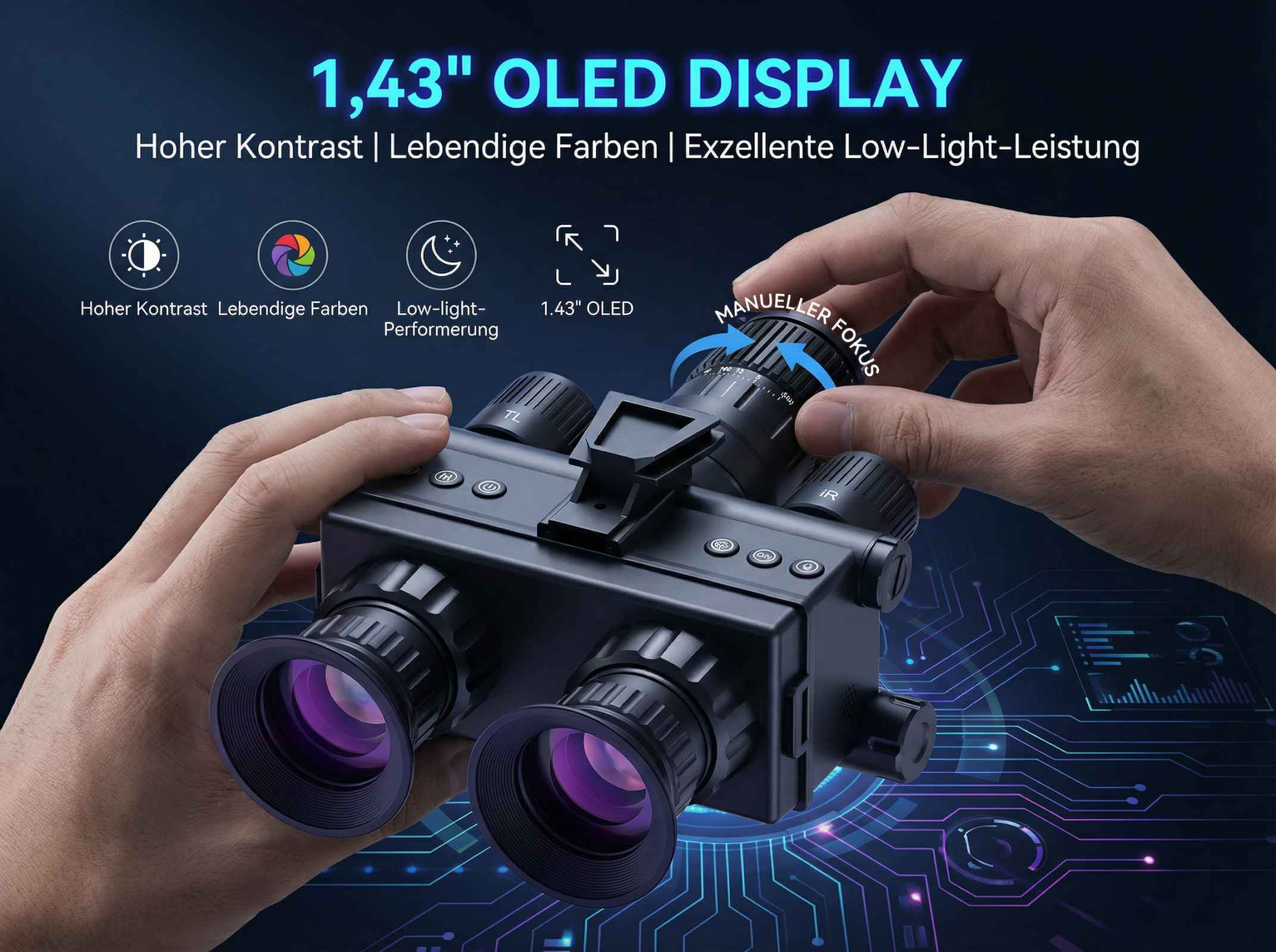 Ein Mann hält ein Nachtsichtgerät mit 1,43-Zoll-OLED-Display, Fokusrad wird gedreht.