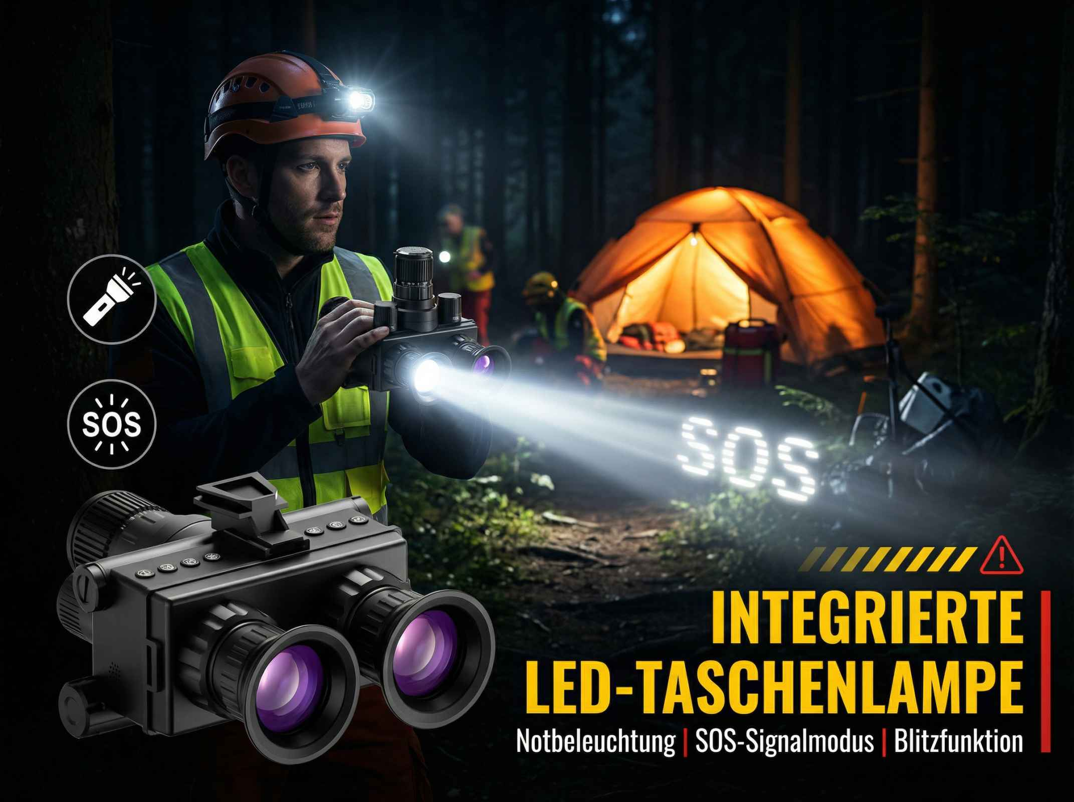 Mann im Wald mit Nachtsichtgerät, Zelt und SOS-Licht im Hintergrund.