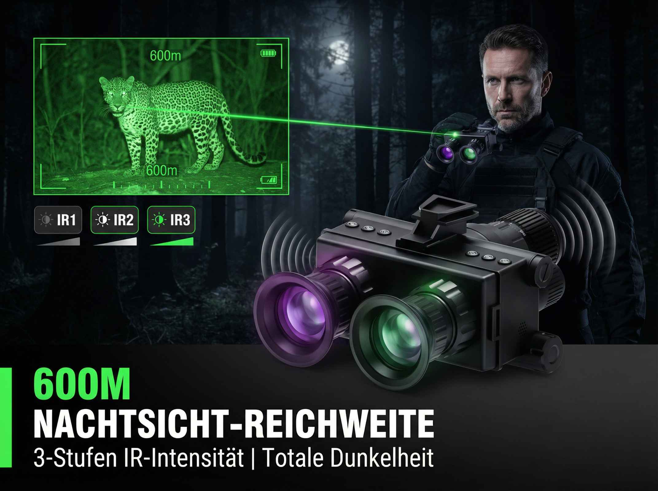 Mann mit Nachtsichtgerät blickt auf Leopard. 600m Reichweite.