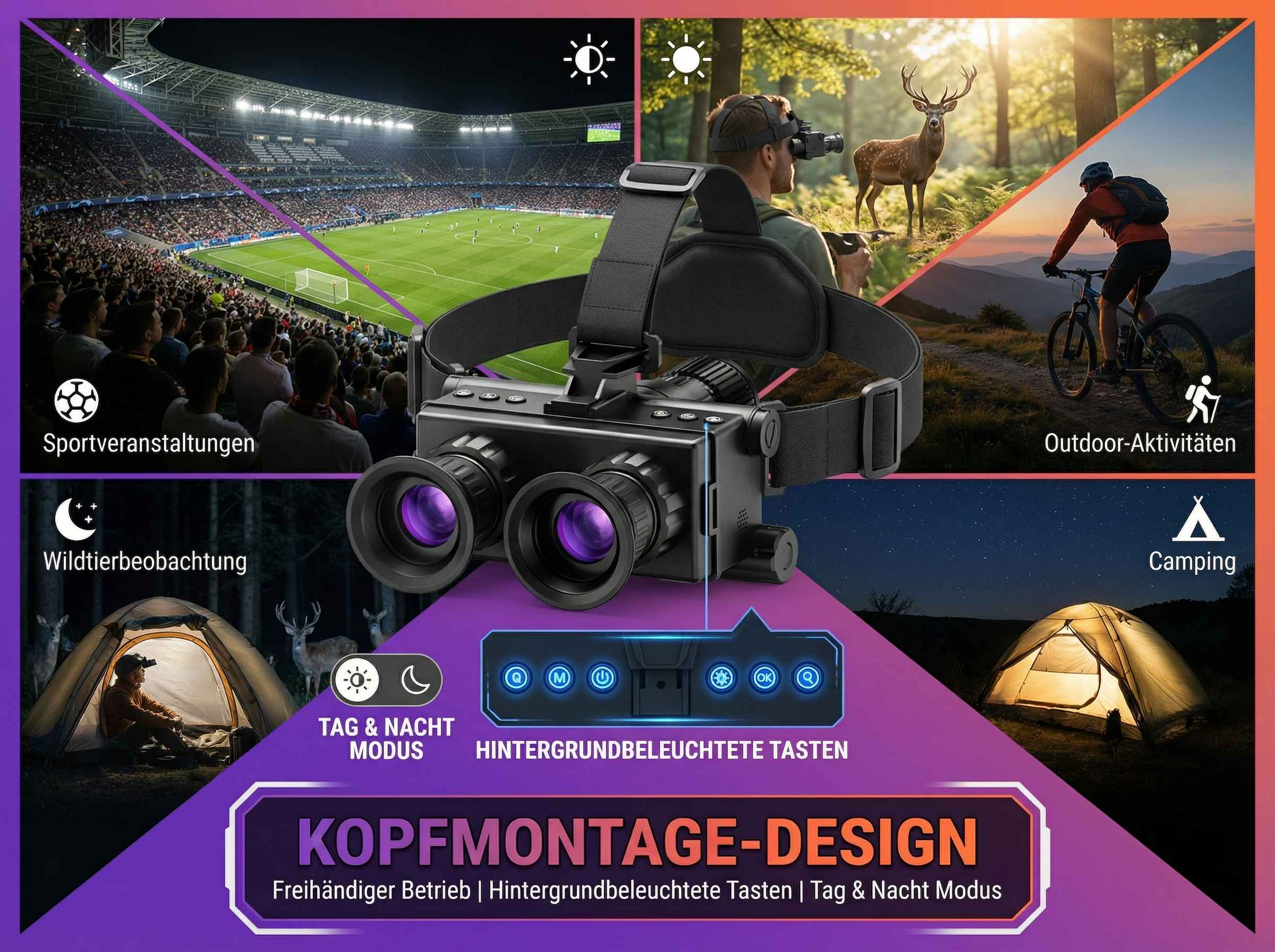 Nachtsichtgerät im Einsatz bei Sport, Jagd, Radfahren und Camping. Tag/Nacht-Modus.