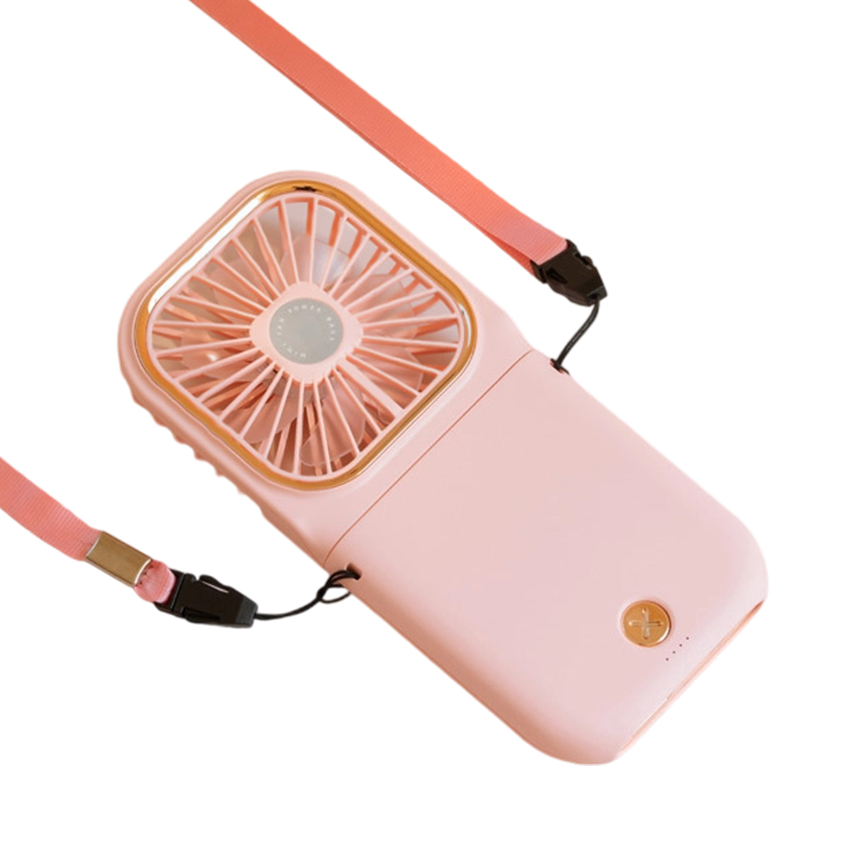 Ein rosafarbener Handventilator mit einem Lanyard, auf weißem Hintergrund.