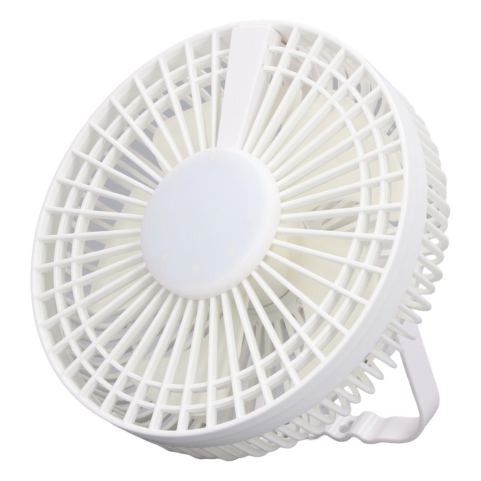 Ein weißer Tischventilator mit einem runden Gitter und einem zentralen Knopf.