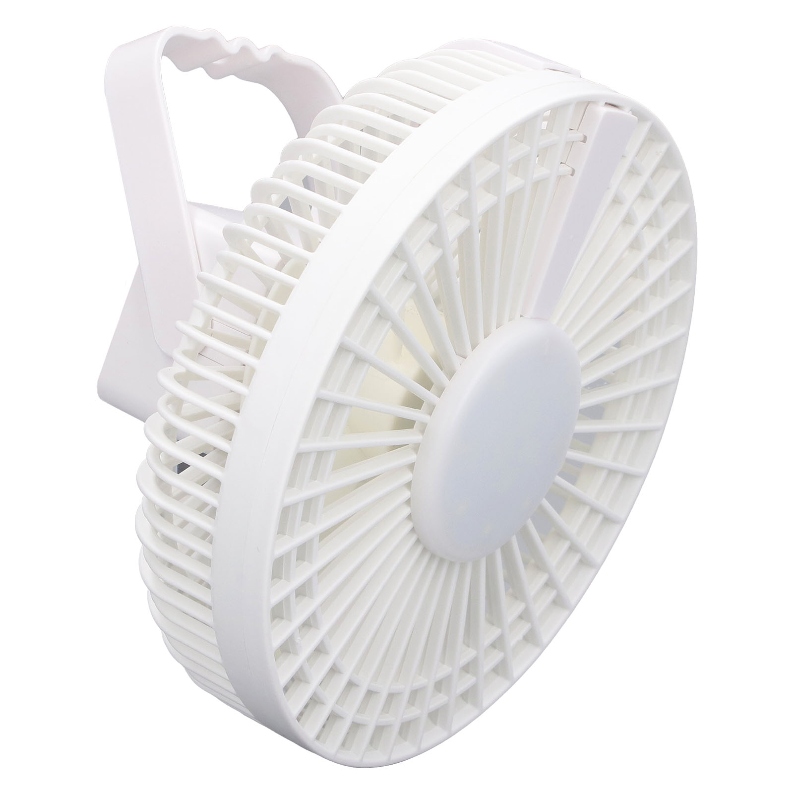 Ein weißer, tragbarer Ventilator mit Griff und Gitterschutz.