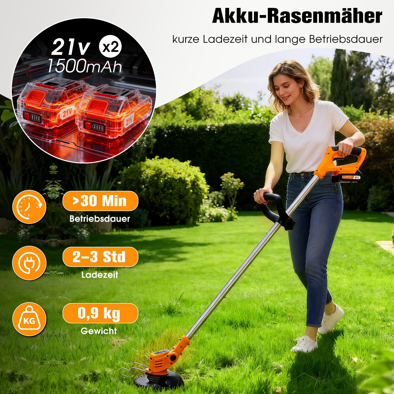 Frau mäht mit einem Akku-Rasentrimmer im Garten. Zwei Akkus, 30 Min Laufzeit.