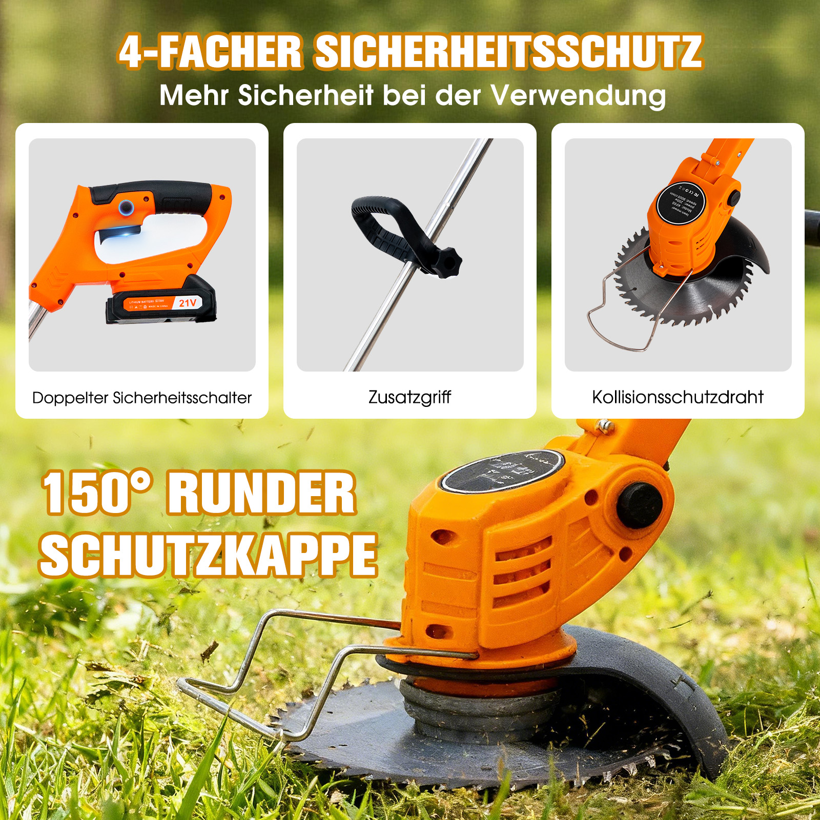 Ein orangefarbener Trimmer mit 4-fachem Sicherheitsschutz und 150° Schutzhaube im Gras.