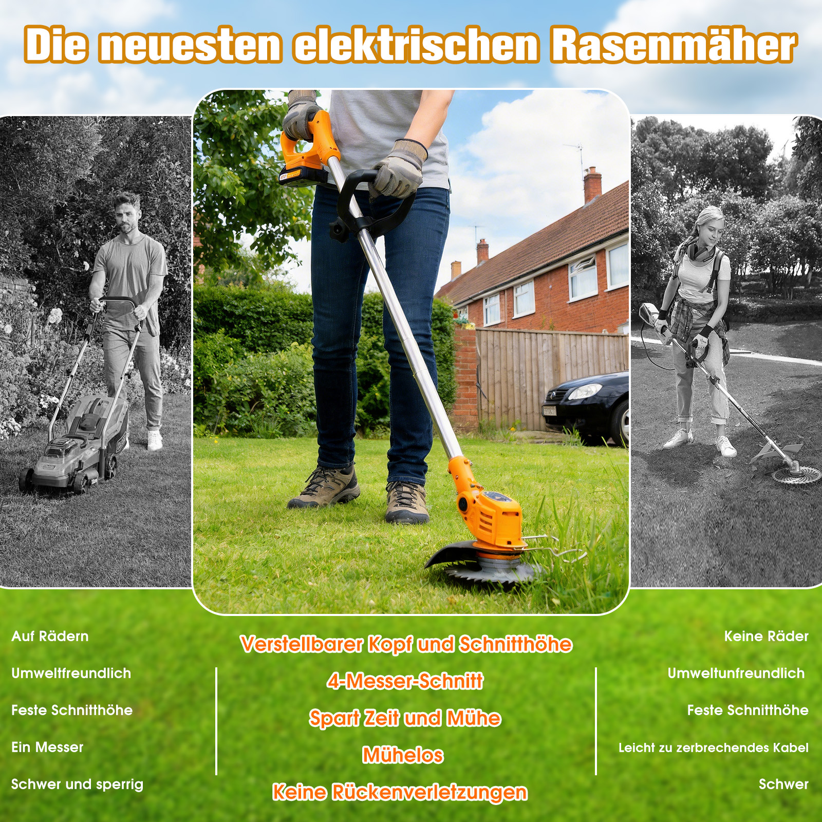 Drei Bilder zeigen Rasenpflegegeräte: Rasenmäher, Trimmer, und ein Mann mit Rasenmäher.