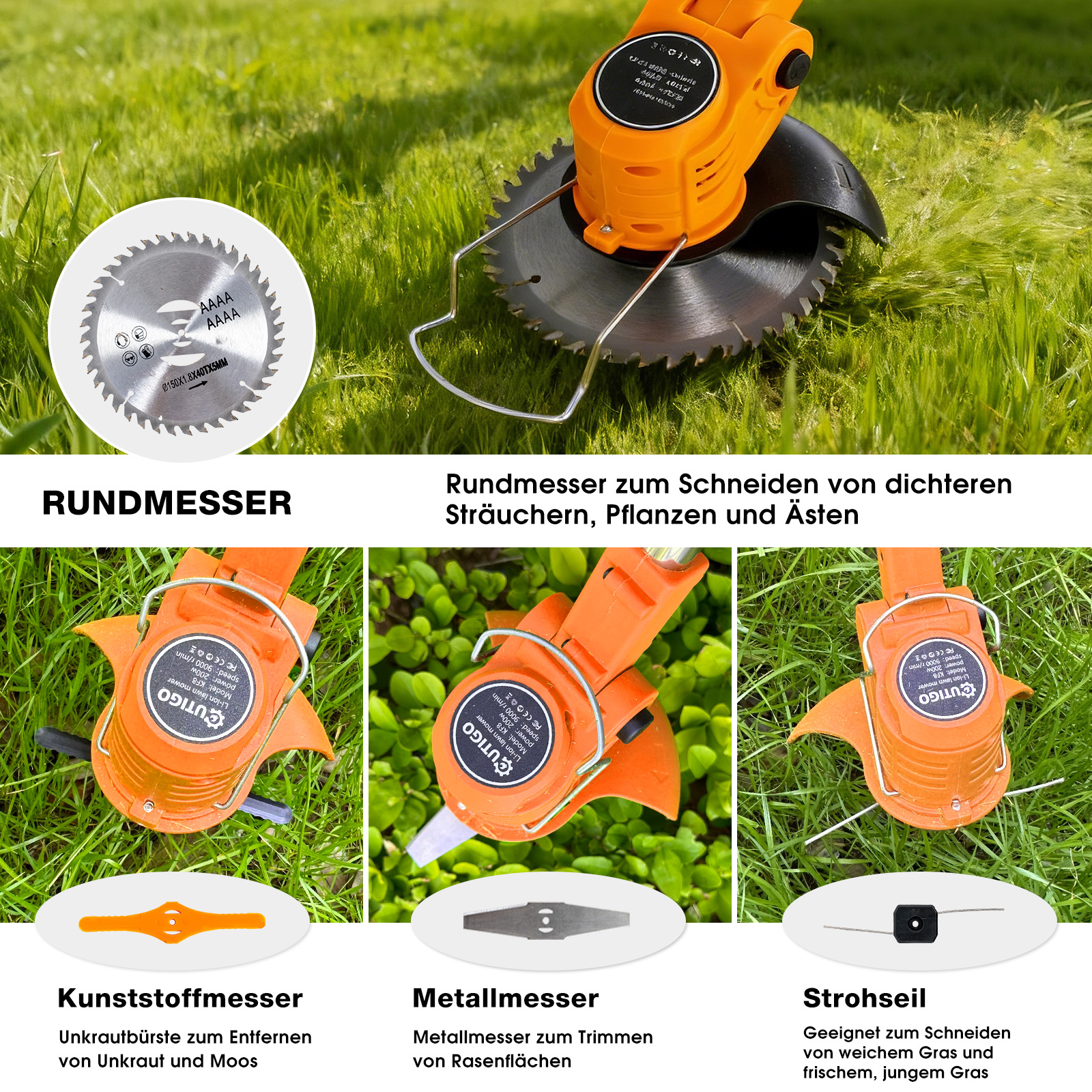 Ein orangefarbener Rasentrimmer mit verschiedenen Aufsätzen auf grünem Gras.