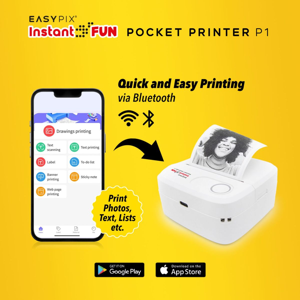 Stampante tascabile EasyPix Instant Fun P1 con app su telefono, stampa foto via Bluetooth.