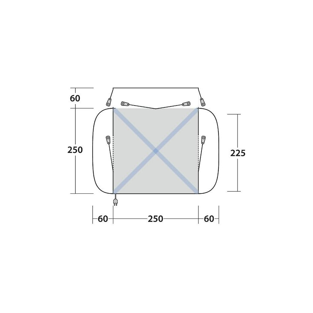 Disegno tecnico di una tenda con dimensioni 250x225x60 cm.