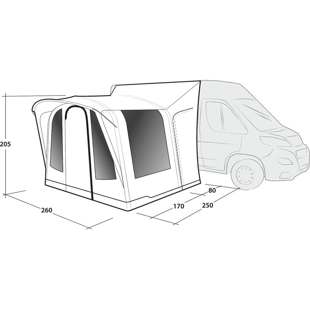 Planta di una veranda attaccata a un camper, con dimensioni.