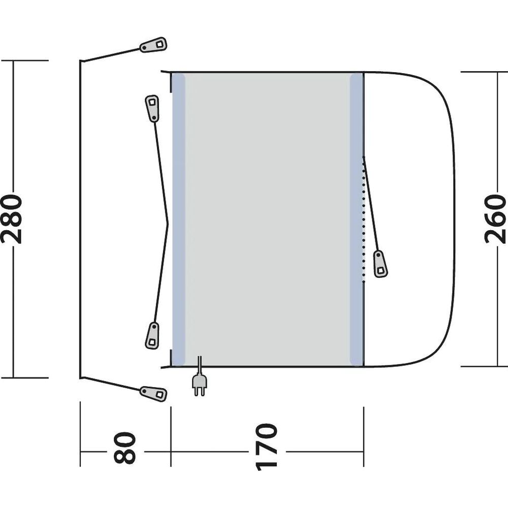 Piantina di una tenda con dimensioni 280x260cm e 170x80cm.