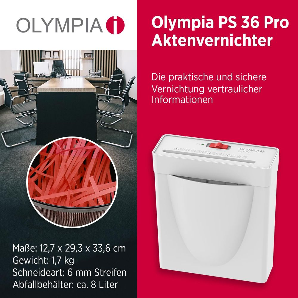 Distruggidocumenti Olympia con strisce rosse e spazio ufficio.